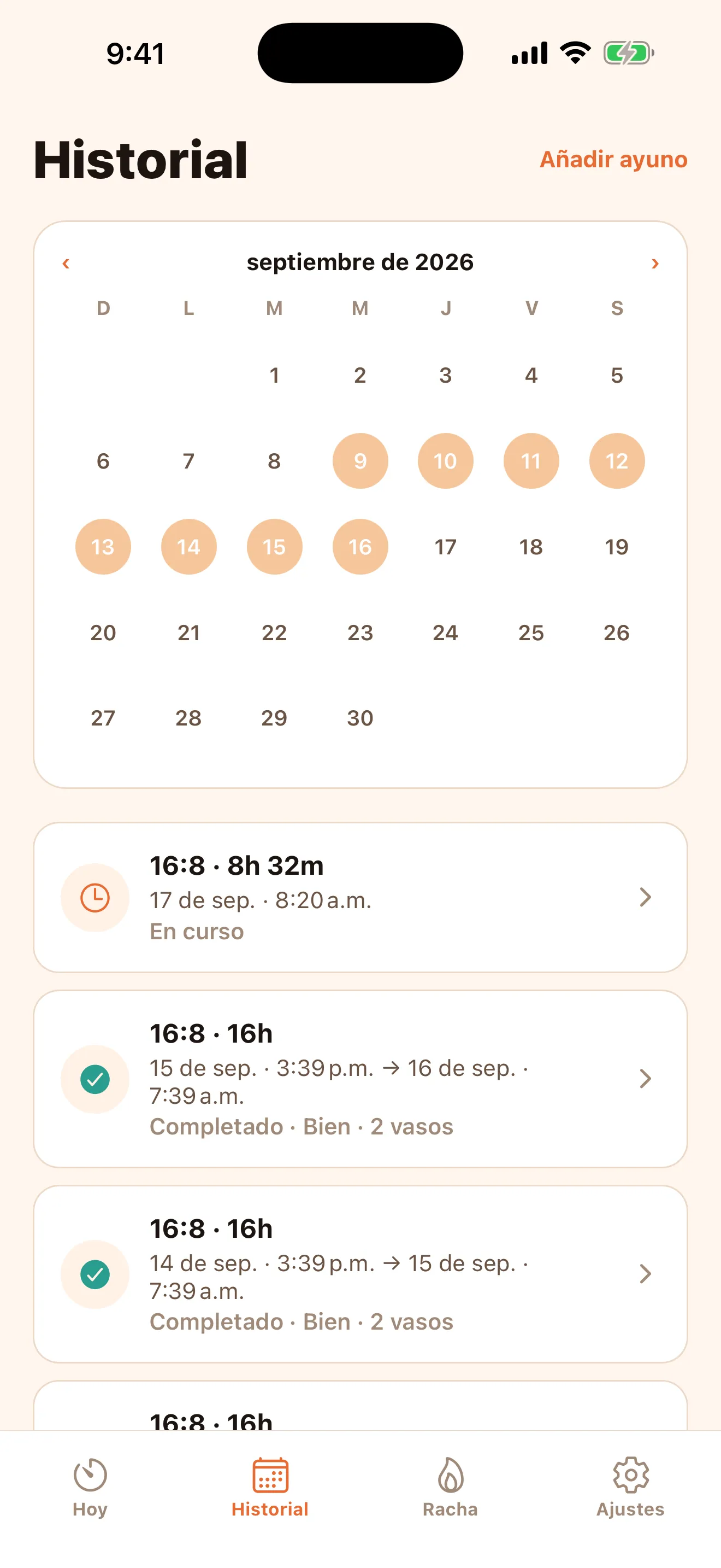 Pantalla Historial: calendario de septiembre con ayunos completados