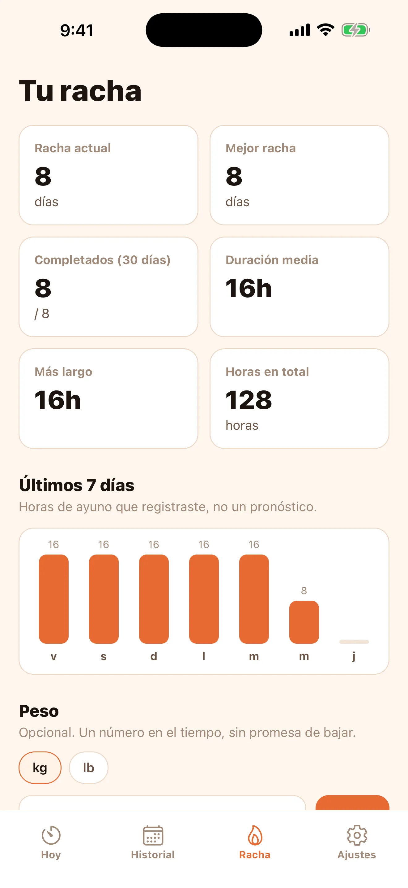 Pantalla Racha: 8 días de racha, 16 h de duración media y gráfica de los últimos 7 días