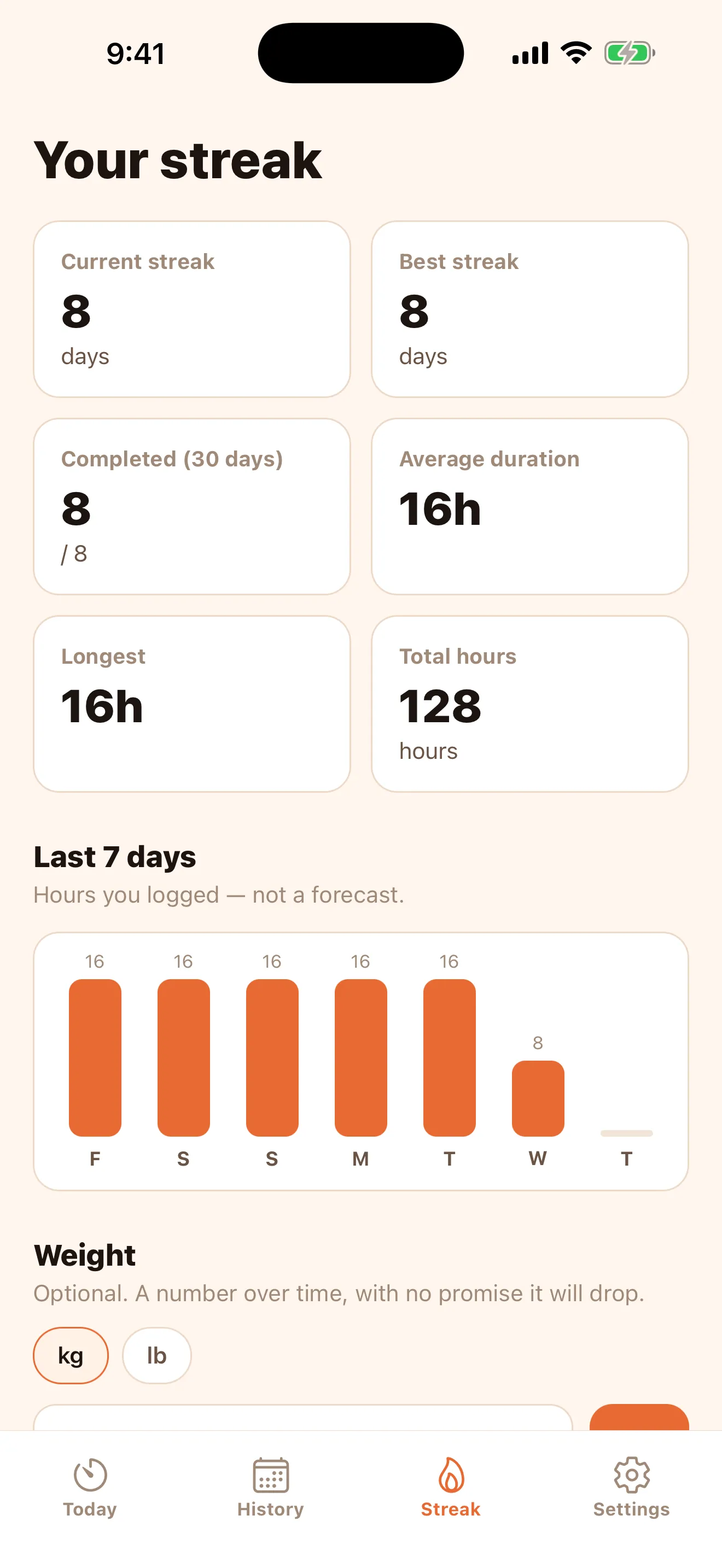 Streak screen: 8-day streak, 16h average and a chart of the last 7 days