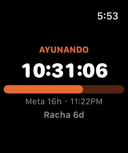Fastii en el Apple Watch: ayunando 10:31:06, meta 16 h