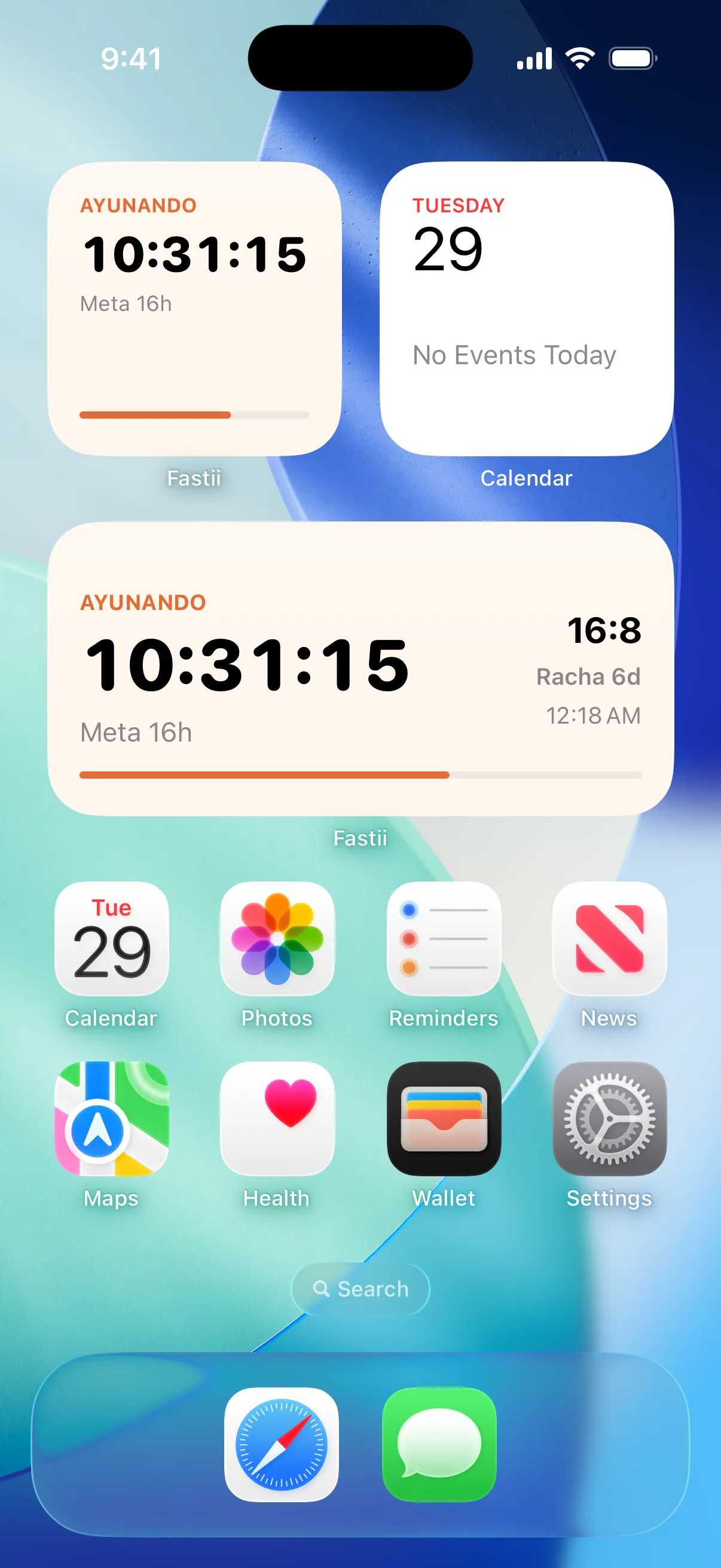 Pantalla de inicio del iPhone con los widgets de Fastii mostrando 10:31:15 ayunando